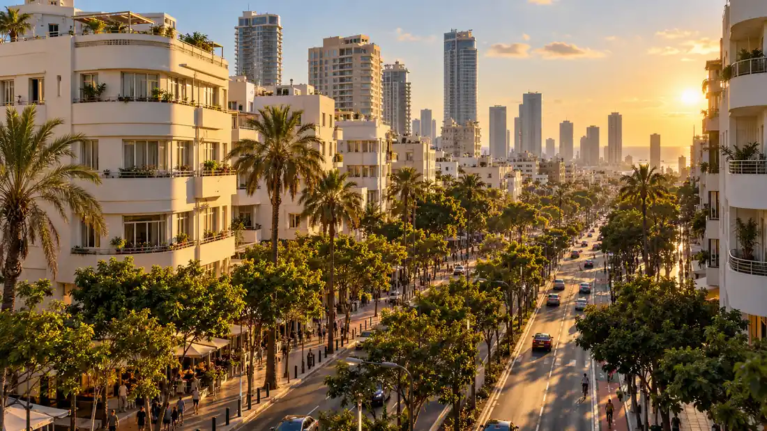 נוף של תל אביב בשעת הזהב עם שדרה מוריקה ובניינים בסגנון באוהאוס